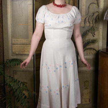 1940s Dress - Gorgeous Post War White Linen Puff Sleeve Dress with Embroidered Bias Cut Skirt 
