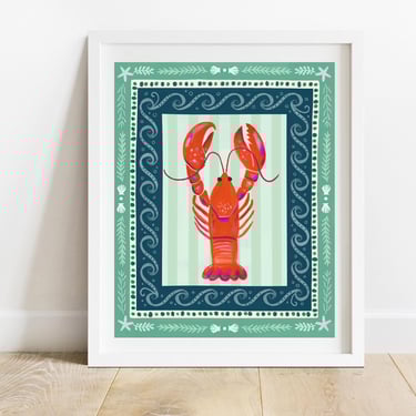 Lobster With Patterned Border 8 X 10 Art Print/ New England Sea Life Illustration/ Modern Ocean Folk Art/ Summer Beach House Wall Decor 