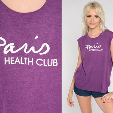 Paris Tank Top 90s Health Club Sleeveless Graphic Shirt Purple Muscle Tee Cut Off Gym Workout Fitness France T-shirt Vintage 1990s Medium M 