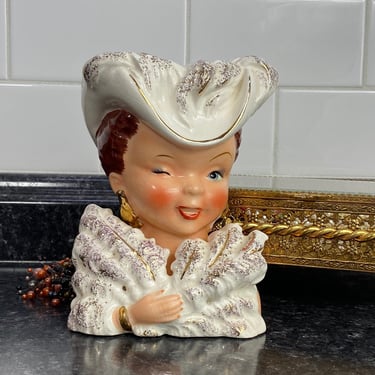 Vintage Lady Head Vase | Norcrest E322 Winking Lady Gold Feather Fan Head Vase | Showgirl Saloon Girl Playful Gold Hat 