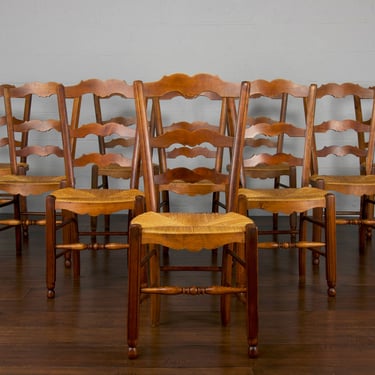 Antique Country French Provincial Farmhouse Ladder Back Maple Rush Dining Chairs - Set of 10 