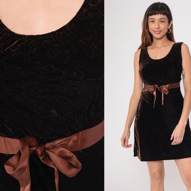 90s Brown Velvet Dress Velvet Mini Party Ribbon Bow Embroidered Sleeveless 1990s Cocktail Going Out Vintage High Waist Minidress Medium 