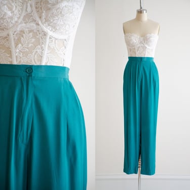 high waisted pants 80s vintage teal green silky pleated straight leg trousers 