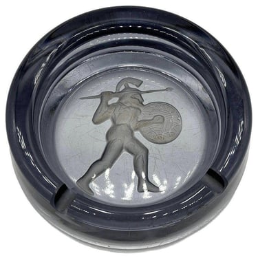 Art Deco Smoked Blue Etched Art Glass Spartan Warrior Ashtray 