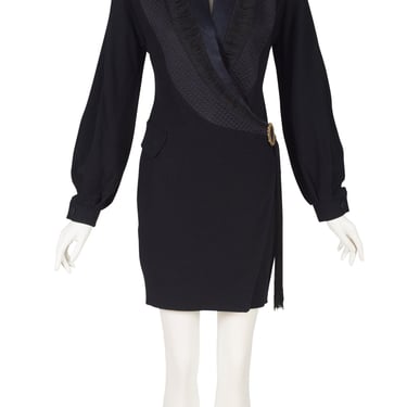 Alma 1980s Vintage Black Wool Crepe Fringe Wrap Dress Sz S 