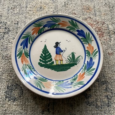 Antique 1800s HB French Quimper plate, collectible, hand painted, Breton, France, blue & green, figural plate 