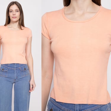 70s Pastel Peach Scoop Neck Tee - Extra Small | Vintage Plain Pink Fitted T Shirt 