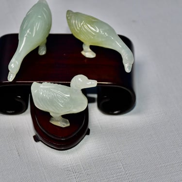 1930 Chinese Export Natural Pale Jade Geese Collection Rare set of Three Hand Carved Jade Geese Stands Included Superb Details Authentic 