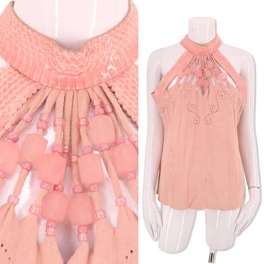 80s pink suede beaded top size M, vintage 1980s custom python halter top, wild glam statement necklace blouse 