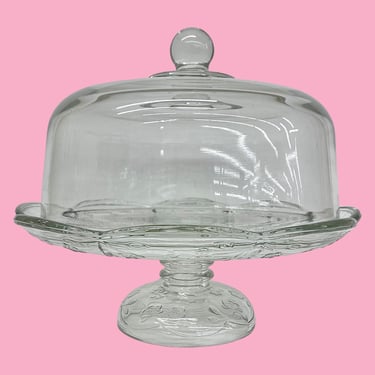 Vintage Anchor Hocking Cake Stand and Cloche Retro 1980s Farmhouse + Savannah + Clear Glass + Scalloped + Flower Design + Dessert Storage 