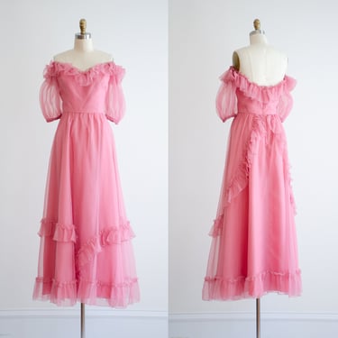 pink prom dress 80s vintage ruffled chiffon off shoulder floor length gown 