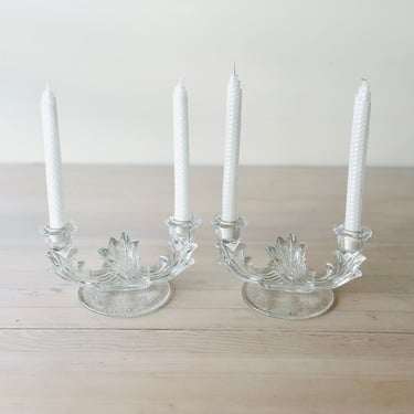 1930's Fostoria Navarre Etched Glass Art Deco Candlestick Holders - Set of 2 