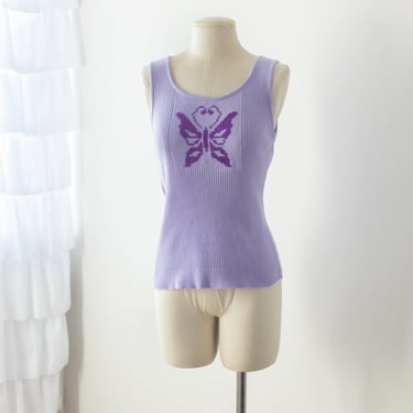 Size M/L, 1970s Lavender Butterfly Knit Tank Top 