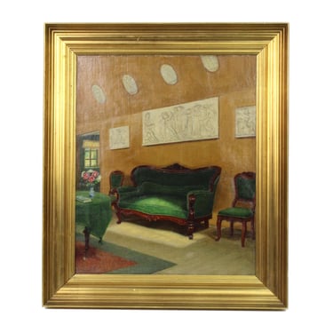 Antique Oil Painting of Opulent Interior Scene with Sofa and Neoclassical Sculpture