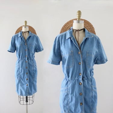 denim button dress - s - vintage 90s y2k blue jean size small minimal short sleeve spring summer knee dress with pockets 