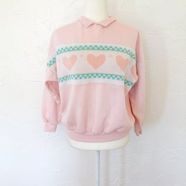80s Light Pink Heart Sweater Knit Paneled Collared Sweatshirt | Medium/Large 