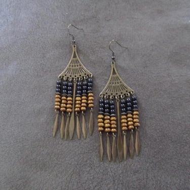 Southwest bronze and wooden chandelier earrings 