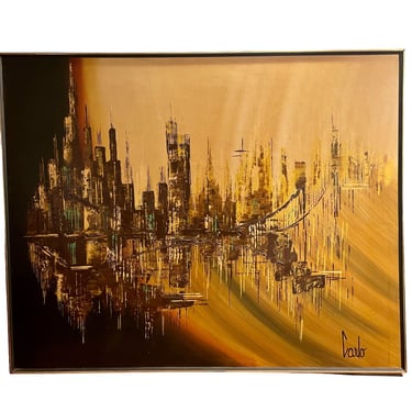 Mid Century Modern Cityscape Oil on Canvas by Carlo of Hollywood
