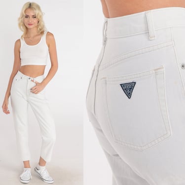 White Guess Jeans 90s Mom Jeans Ankle Length Mid Rise Slim Skinny Tapered Leg Denim Pants Retro Vintage 1990s 2xs xxs 