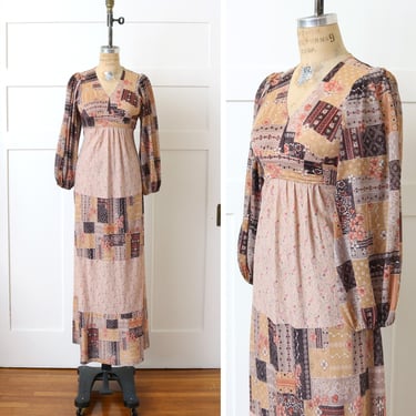 vintage 1970s boho maxi dress • earth tones floral bell sleeve hippie dress 