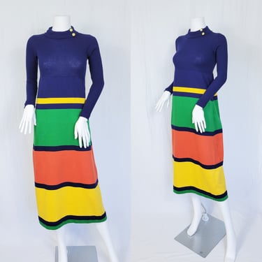 1980's Navy Blue Cotton Knit Primary Color Striped Dress I Sz Sm I Handstands Hansen 