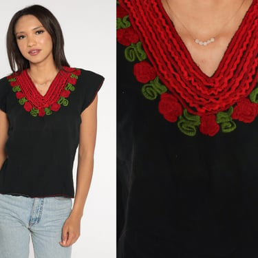 Mexican Embroidered Blouse Black Rose Shirt Hippie Top Floral Shirt Red Boho Shirt FESTIVAL Tunic Bohemian Vintage Retro Medium 