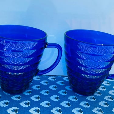 Vintage Pair of Cobalt Blue Beehive Glass Duralex Coffee Mugs Cup - Chip Free 