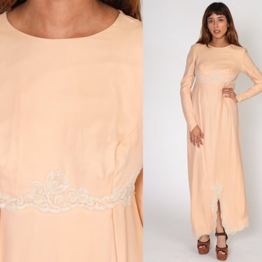 60s Gown Peach Party Dress Floral Lace Trim Maxi Dress Long Puff Sleeve Empire Waist Front Slit Formal Retro Cocktail Vintage 1960s Small S 