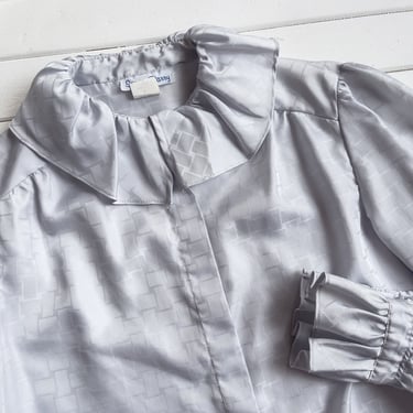 gray jacquard blouse | 70s 80s vintage silver silky ruffled collar shirt 