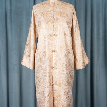 Antique 1950s Metallic Silk Brocade Landscape Pattern Chinese Robe with Frog Closures and Embedded Pearl 