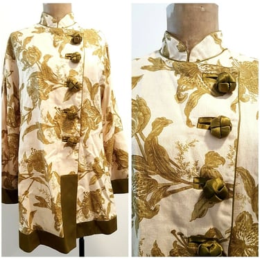 Vintage 80s Kimono Linen Jacket Size Large Tunic Ethnic Mandarin Top Blouse