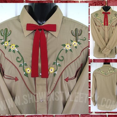 Levi's Vintage Western Men's Cowboy Shirt, Rodeo Shirt, Beige with Bold Cactus & Floral Embroidery, Approx. Medium (see meas. photo) 