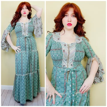 1970s Vintage Jody T Cotton Blend Green Prairie Dress / 70s Bell Sleeve Corset Lace Calico Maxi Gown / Small - Medium 
