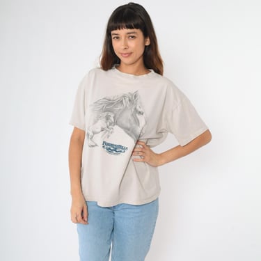 Vintage Horse T Shirt 90s Forrest Hills Mountain Hideaway Resort Tshirt Animal Graphic Tee Retro Tourist Travel T-Shirt 1990s Taupe Large L 