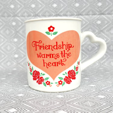 Vintage Coffee Mug - Friendship Warms the Heart - Heart-shaped Handle - White Pink Red Green - Coffee Cup 