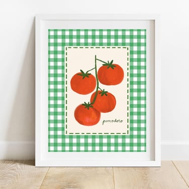 Garden Tomatoes With Gingham Border 8 X 10 Art Print/ Summer Produce Food Illustration/ Minimalist Farmers Market Kitchen Decor 