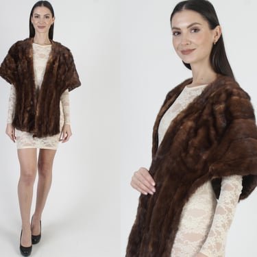 Natural Mahogany Mink Bolero, Brown Real Fur Stole, 60s Wedding Bridal Shrug With Pockets 