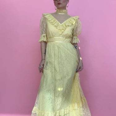 VTG 70s JcPenney Yellow Lace Dress 