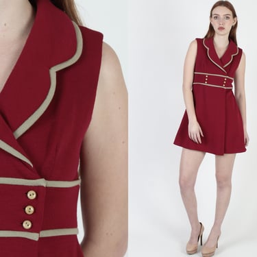 1970s Mod Uniform Mini Dress, Double Breasted Scooter GoGo Outfit, Vintage Maroon Knit Wrap Short Dress 