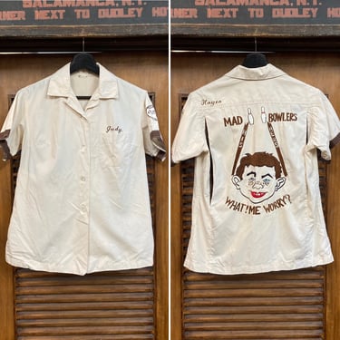 Vintage 1950’s Dated 1959 Mad Magazine Alfred E. Neuman Military Souvenir Japan Bowling Shirt, 50’s Vintage Clothing 
