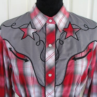 Roper Vintage Retro Women's Cowgirl Western Shirt, Western Blouse, Red & White Shadow Plaid with Stars, Tag Size Large (see meas. photo) 