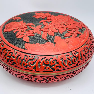 Antique Large Chinese Cinnabar lacquer floral Red hand carved Round box- Marked Republic of China- Early 1900's 