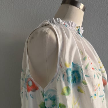 Vintage 60s Mod Daisy Baby Doll Floral Mini Dress with Tank Sleeves and Matching Bloomers; 70s Pastel Neon Floral Cotton Pajamas Dress OSFM 