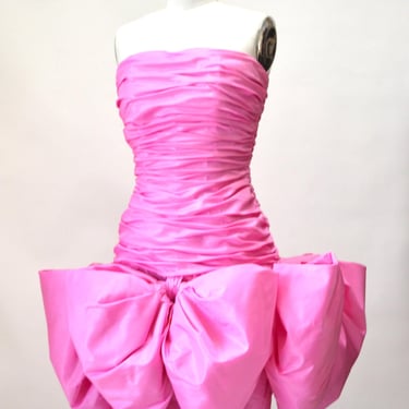 80s 90s Vintage Pink Prom Party Dress By Victor Costa Pink Barbie Pageant Bow Strapless Dress 90s party Cocktail Dress XXS XS Small  Pink 