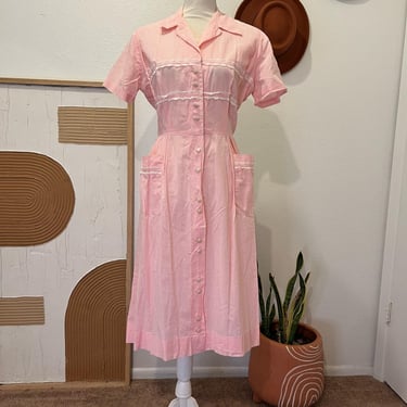 Vintage 1960s Pink Gingham Checkered Short Sleeve Cotton Button Chore Dress USA 