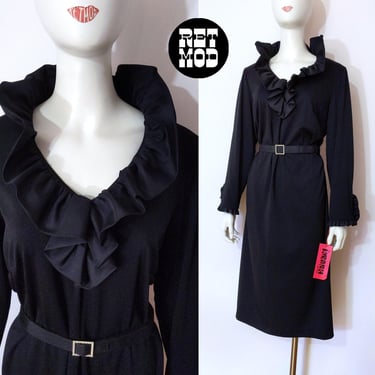 Chic Deadstock Plus Size Vintage 70s Black Ruffle Collar & Cuff Rhinestone Dress by Kohler 