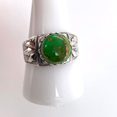 Artisan Green Turquoise & Sterling Silver Ring Leaf Statement Sz 11.25 Unisex 