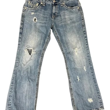 Men’s Rock Revival Mitch Distressed Blue Denim Designer Jeans Sz 36