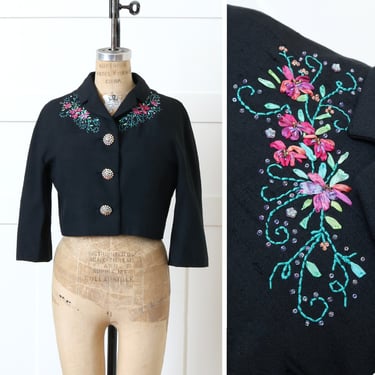 vintage 1950s black jacket • colorful ribbon embroidery & rhinestone button reworked formal short silk jacket 