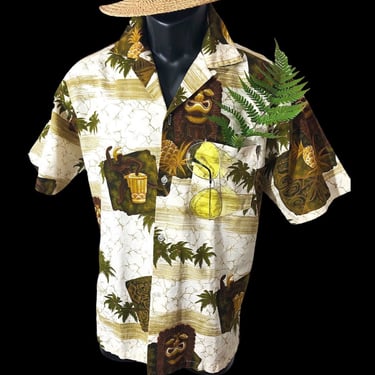 50s/60s mens tribal print aloha hawaiian shirt, liberty house vintage bark cloth summer shirt 